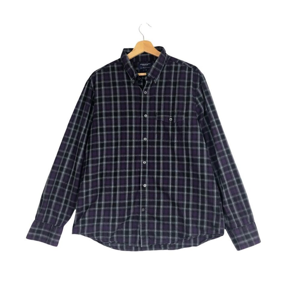 American Eagle Men's Purple Plaid Slim Fit Long Sleeve Button Down Shirt size XL
